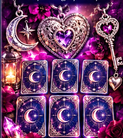 Ornate silver celestial charms and purple tarot cards for this spread
