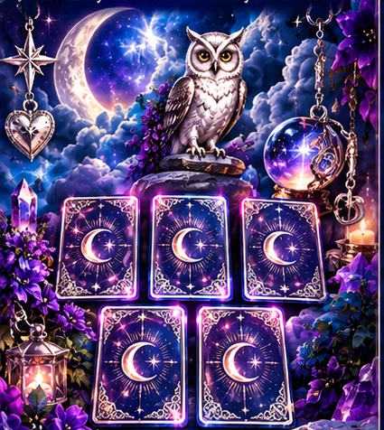 Ornate silver owl with moonlit amethyst crystals and celestial tarot cards for Sunday Week Ahead