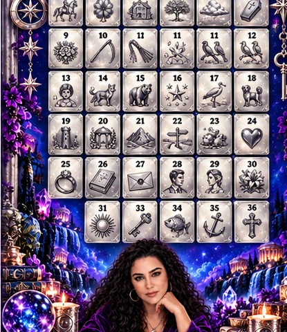 Thirty-six silver Lenormand cards with decorative purple celestial filigree and crystal accents