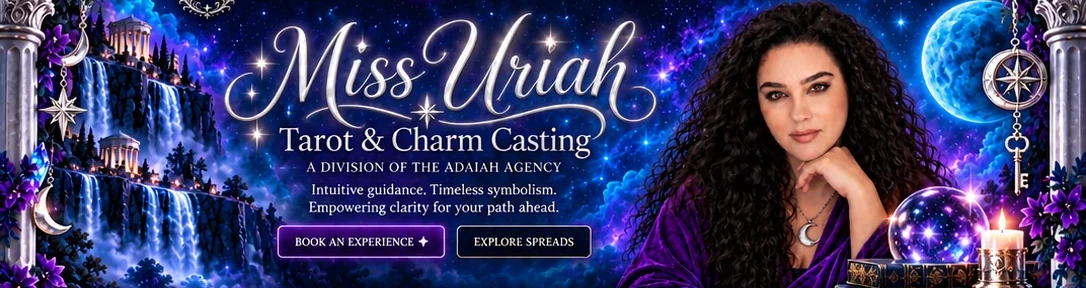Miss Uriah portrait, luminous silver script, purple celestial waterfalls, glowing crystals, and Tarot & Charm Casting introduction