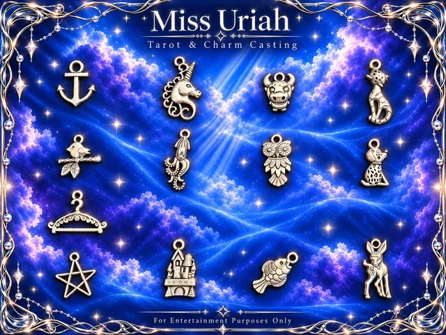 Miss Uriah silver charm reference sheet: Anchor Octopus Owl Hanger Castle Fish