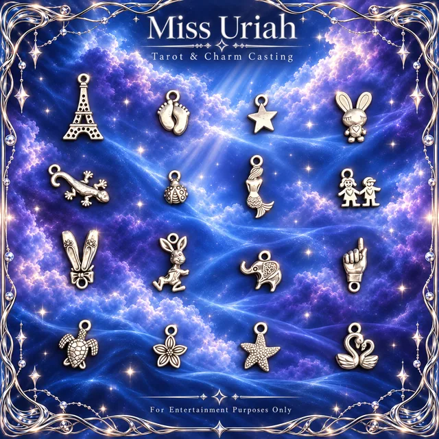 Miss Uriah silver charm reference sheet: Eiffel Tower Baby Feet Bunny Kids Sea Turtle Swans