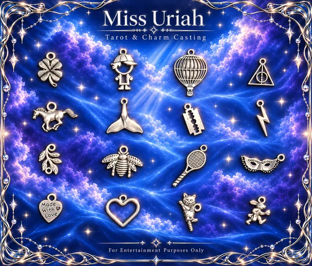 Miss Uriah silver charm reference sheet: Four Leaf Clover Hot Air Balloon Razor Blade Mask