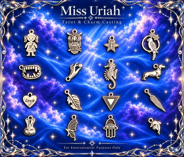 Miss Uriah silver charm reference sheet: Girl Parrot Teeth Sea Horse Dog Triangle
