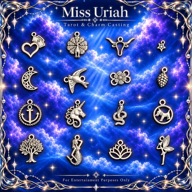 Miss Uriah silver charm reference sheet: Nurse Heart Peacock Taurus Moon Dove Pinecone