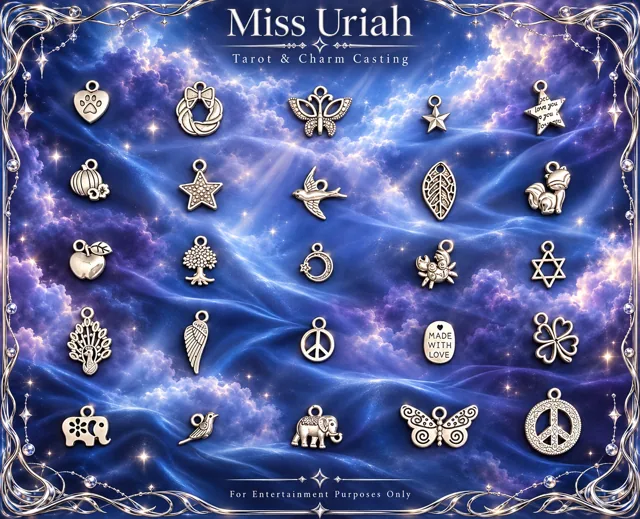 Miss Uriah silver charm reference sheet: Paw Heart Wreath Butterfly Star Apple Wing