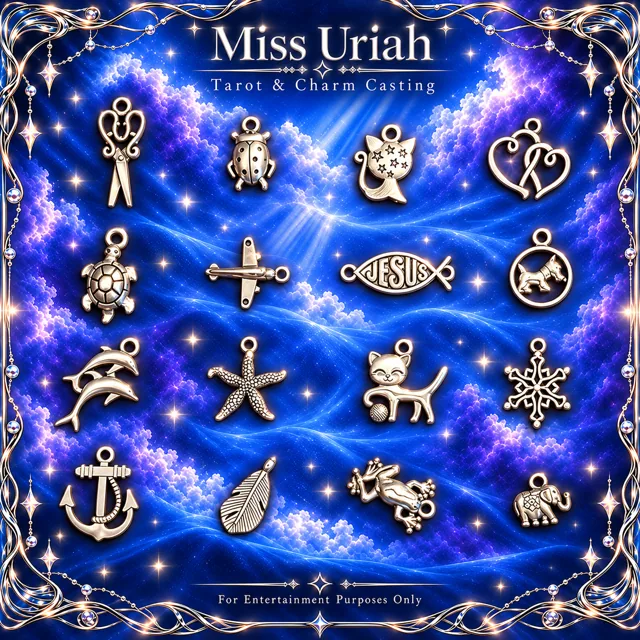 Miss Uriah silver charm reference sheet: Scissors Ladybug Plane Jesus Fish Leaf Frog