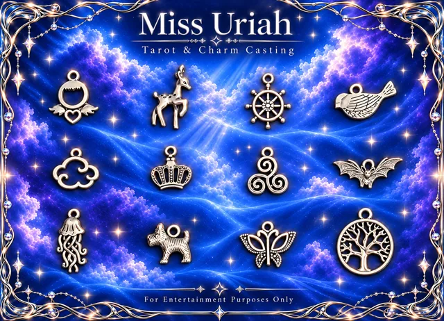 Miss Uriah silver charm reference sheet: Winged Heart Cloud Crown Bat Tree